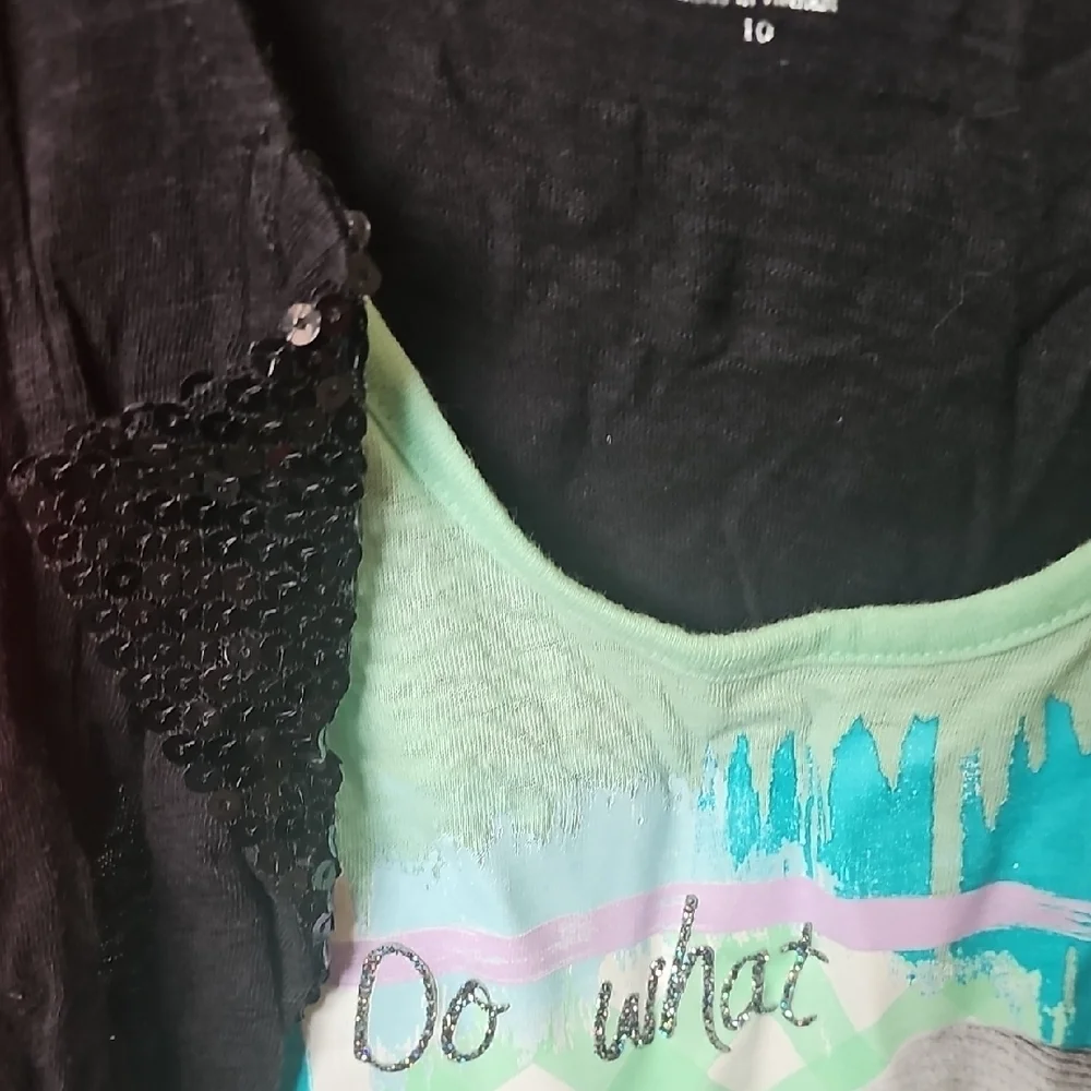 Justice Black & Green Sequin Graphic Glitter Tank Top Size 10